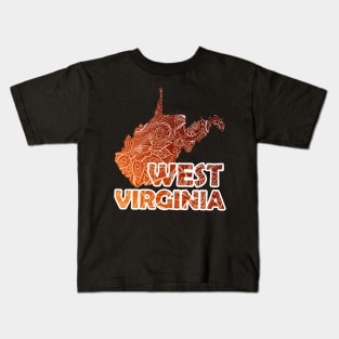 Colorful mandala art map of West Virginia with text in brown and orange Kids T-Shirt